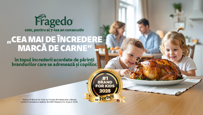 Fragedo turns “7 years of homegrown values” into “7 years of recognition as #1 Brand for Kids,” Romania’s most trusted meat brand